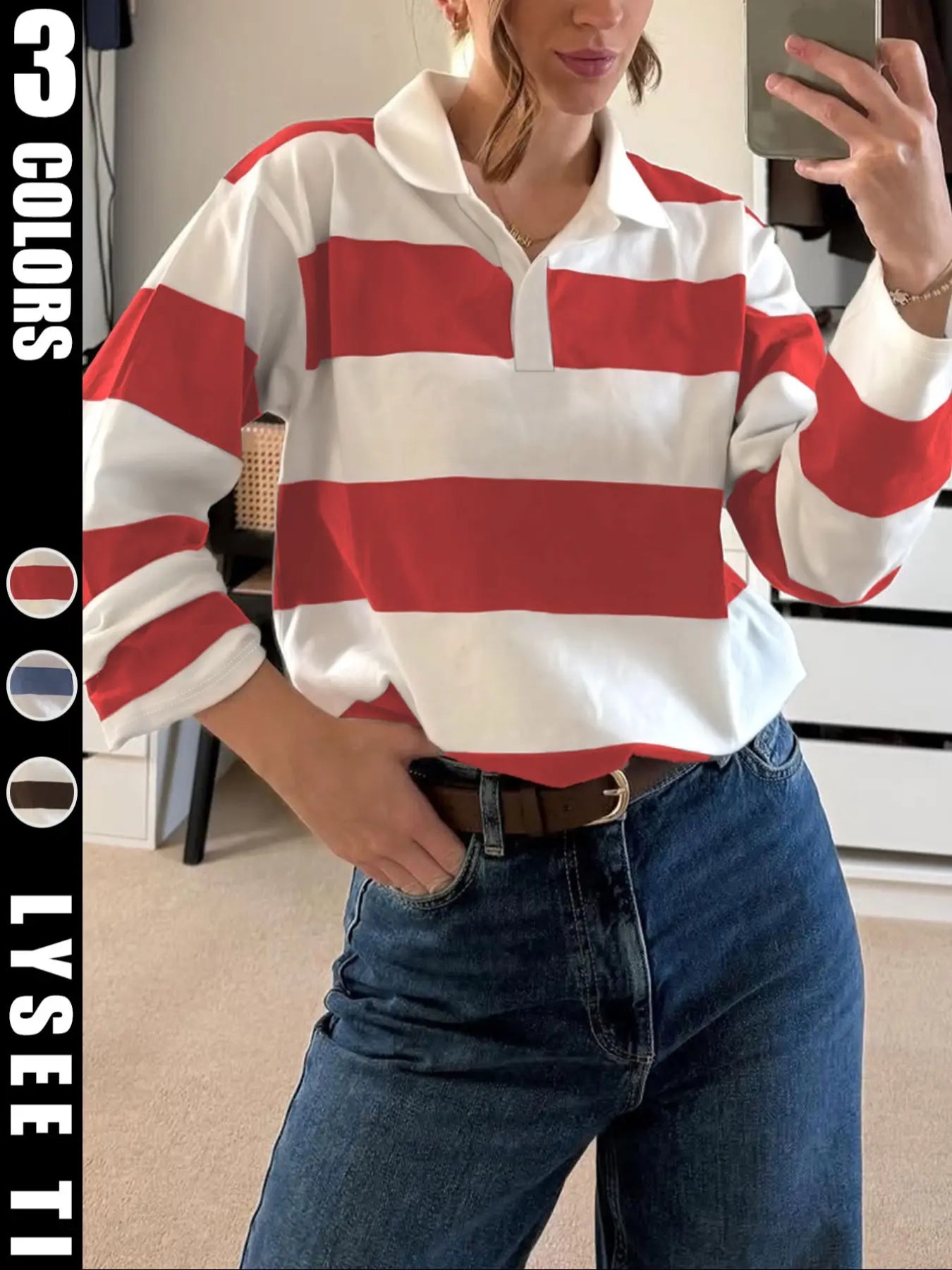 Fashion Sports New Autumn Casual Stripe Printed Long Sleeve Collar Women'S T-Shirt