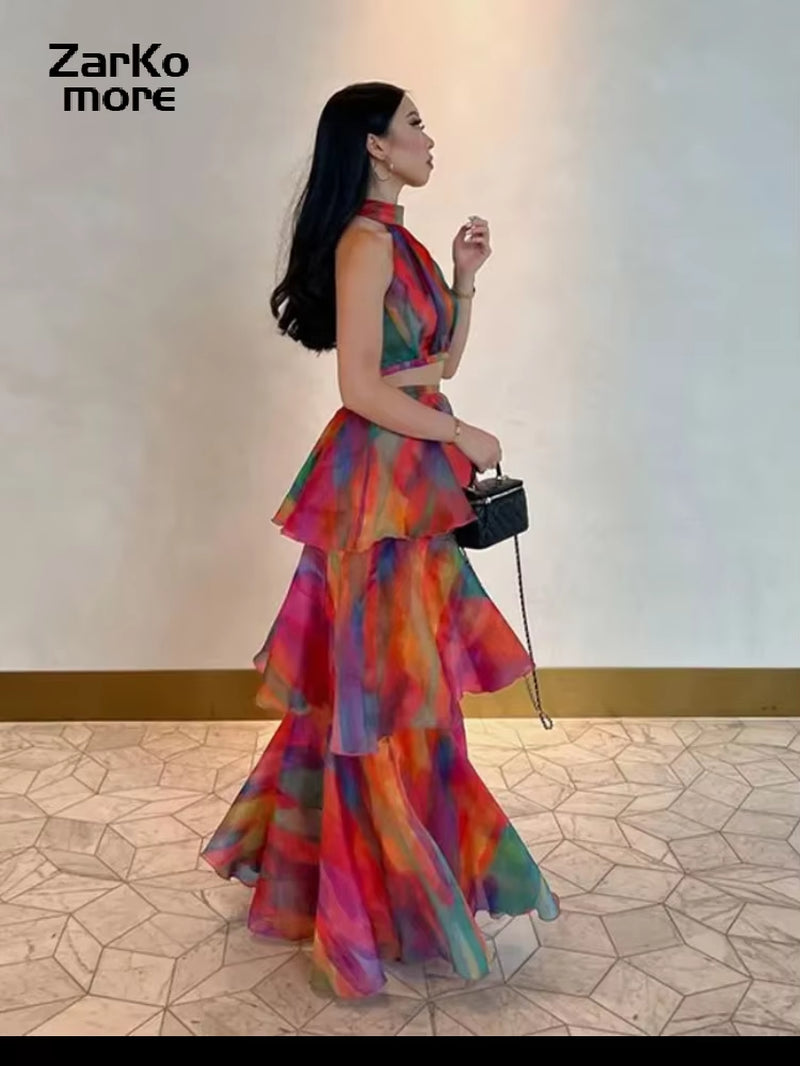 Printed Stacked Ruffle Hem Women Dress Sleeveless Halter High Waist Long Dresses 2025 Spring Summer Fashion Lady Party Robe