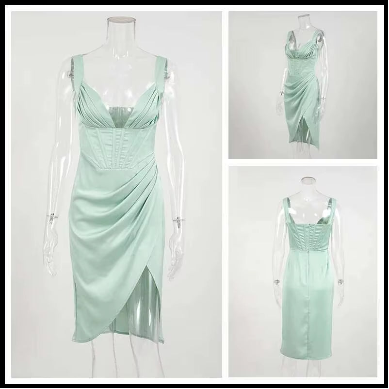 Stretch Satin Elegant Dress Women High Split Deep V Neck Sexy Party Dress 2021 Summer Dresses with Fishbone Vestidos
