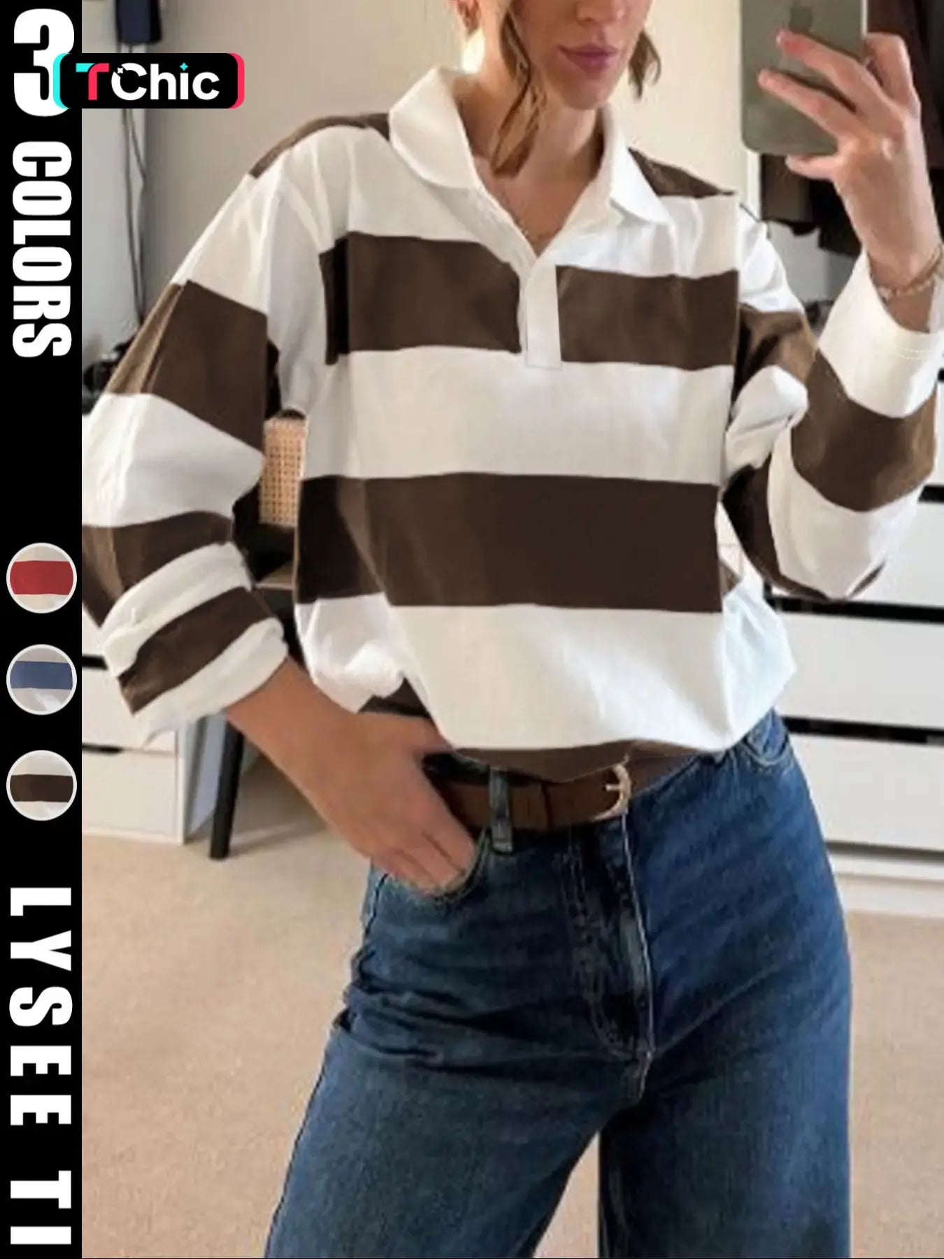 Fashion Sports New Autumn Casual Stripe Printed Long Sleeve Collar Women'S T-Shirt